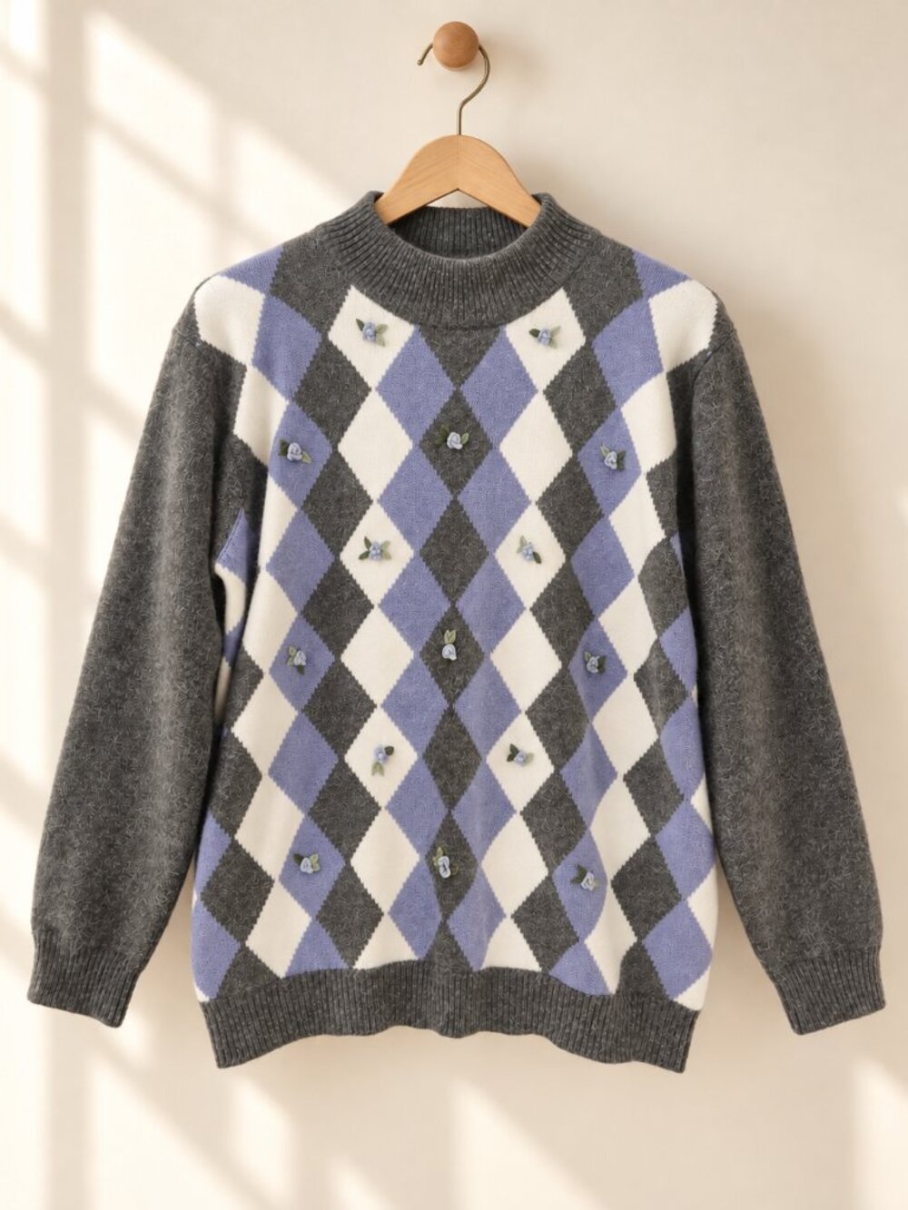 Alfred Dunner, Argyle Embellished Sweater, Grey Lavender Cream, Size M